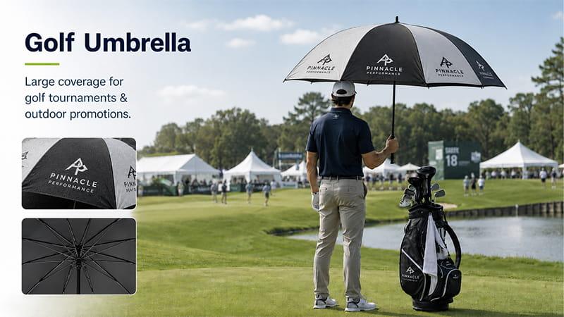Golf umbrella with large logo canopy for golf tournaments and outdoor promotions