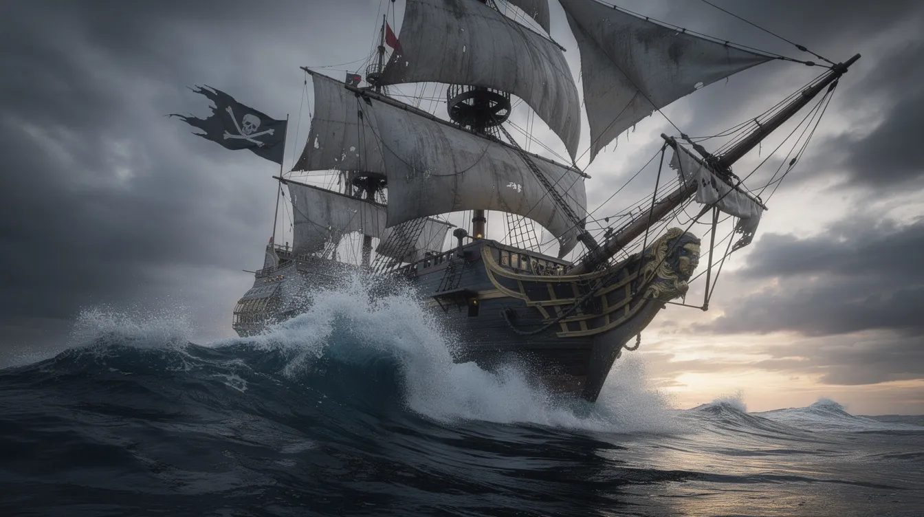Ein großes Piratenschiff mit geblähten Segeln kämpft sich durch stürmische See, während hohe Wellen gegen den Bug schlagen und ein dramatisch bewölkter Himmel über dem Abenteuerfilm-Szenario thront. Diese Szene erinnert an klassische Piratenfilme, in denen Helden auf der Jagd nach einem Piratenschatz sind.