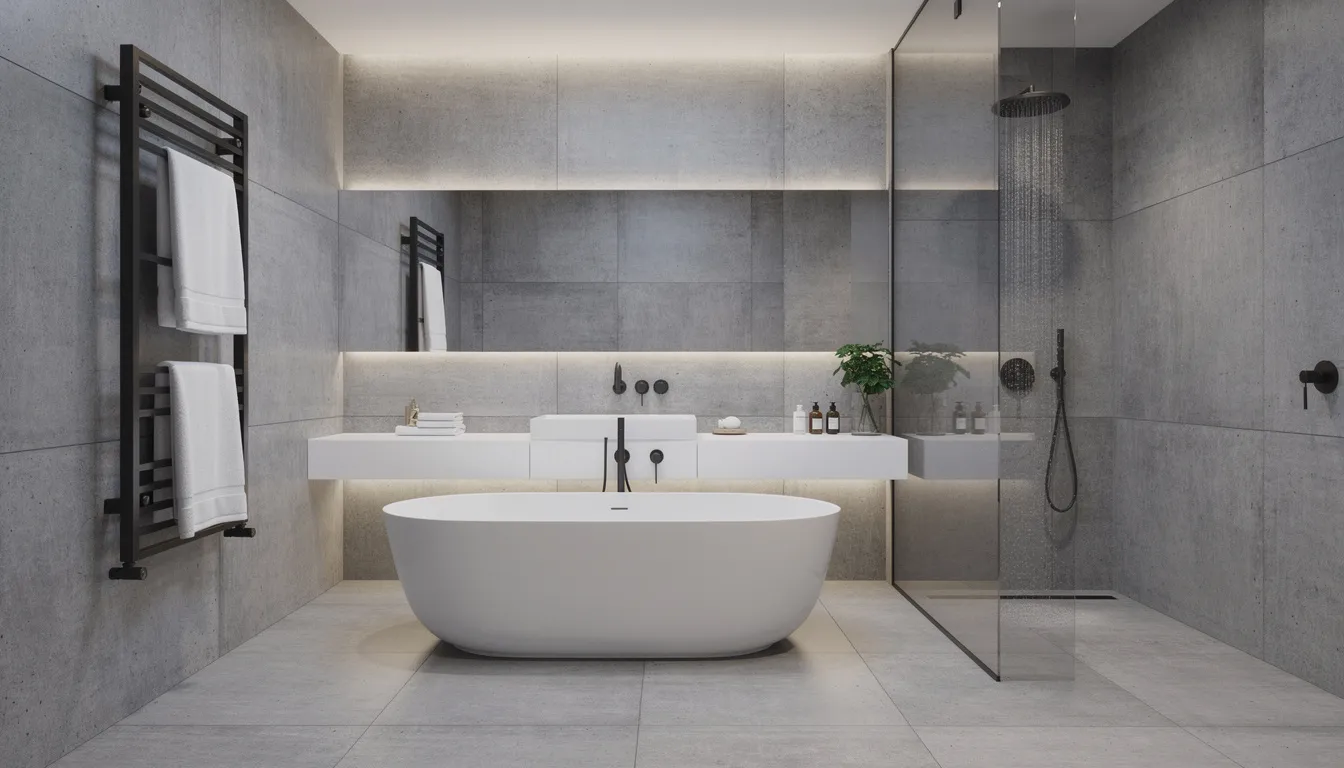 Een luxe badkamer met strakke grijze betonlook wandpanelen en modern sanitair, die een gezellige uitstraling biedt. De beton wandpanelen zijn speciaal ontworpen voor vochtige ruimtes en zorgen voor een stijlvolle make-over van het interieur.