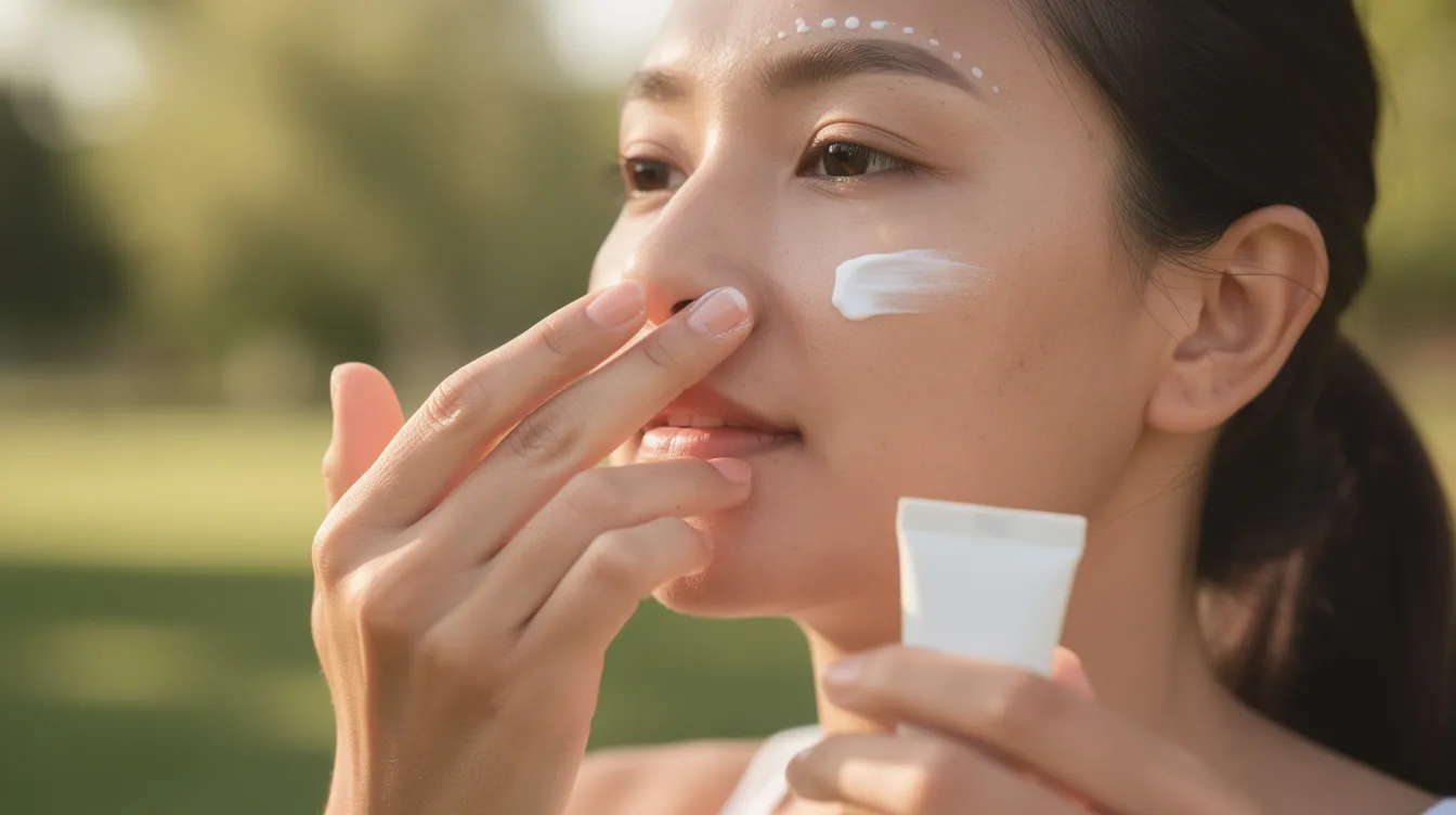 A close-up image shows a person outdoors applying sunscreen to their face, ensuring protection against sun exposure. The application highlights the importance of maintaining healthy skin, especially for those recovering from procedures like facial fat transfer, which can enhance a youthful appearance and restore lost volume.