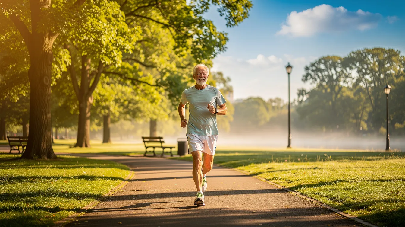 An older adult is jogging through a sunny park, enjoying the fresh air and exercise, which supports brain health and cognitive function. The scene highlights the importance of physical activity for overall health and mental sharpness, especially as one ages.