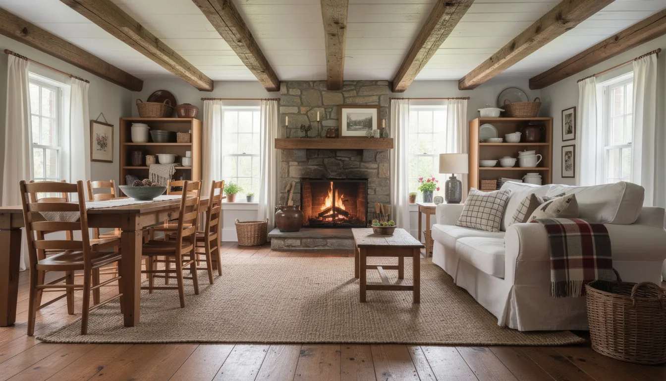 The image depicts a traditional New England style farmhouse interior featuring exposed wooden beams, creating a warm and inviting living space. This cozy environment highlights the importance of maintaining good indoor air quality, ensuring fresh air circulation and protection from airborne contaminants.