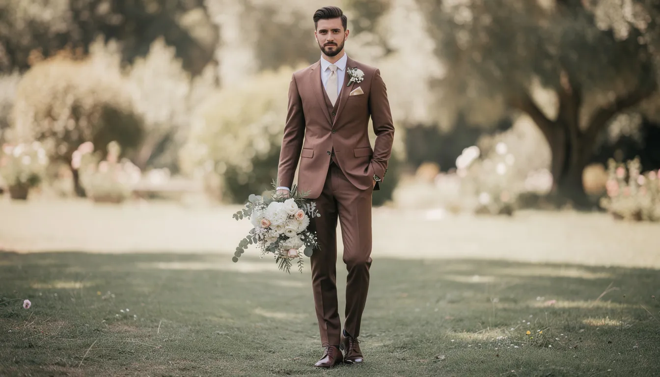Brązowy Garnitur Ślubny – Jak Wybrać i z Czym Nosić w Dniu Ślubu? 12 Pan młody w eleganckim brązowym garniturze, składającym się z brązowej marynarki i spodni, trzyma w ręku bukiet kwiatów. Stylizacja idealnie komponuje się z białą koszulą oraz jedwabnym krawatem, tworząc spójną całość na uroczystość ślubną.