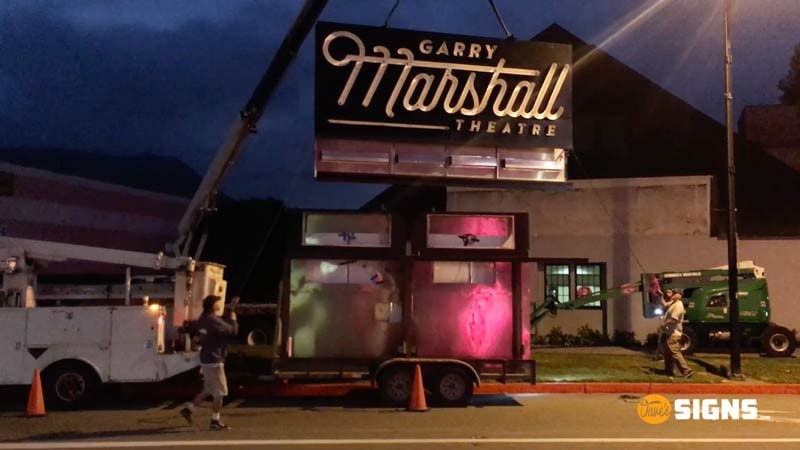 Video clip of the Garry Marshall Theatre sign installation at 4252 W Riverside Dr, Burbank, CA by Dave's Signs.