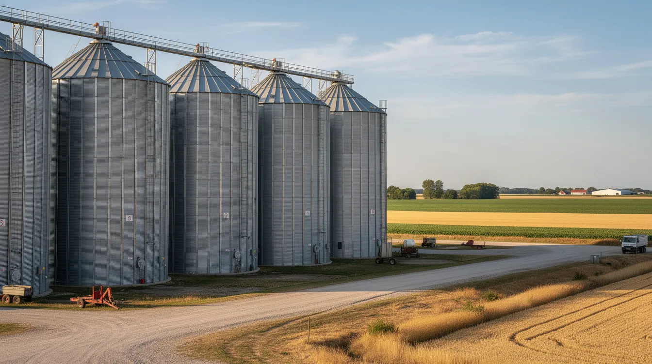 435fd99a 6090 49ba a34e df177a28d395 The image depicts a row of steel grain silos at a rural agricultural facility, with expansive farmland in the background, highlighting the essential agricultural infrastructure for storage capacity. These silos are crucial for food security and support individual farmers and cooperatives in managing their agricultural produce efficiently.