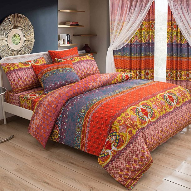 patterned boho bedding and curtains