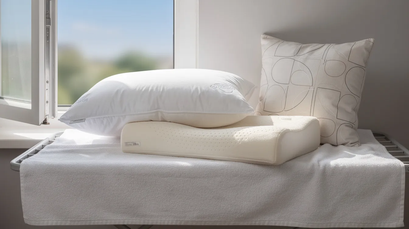 A variety of pillows, including memory foam and microbead pillows, are laid out on a clean white towel near an open window, air drying completely in a well-ventilated area. The pillows are being prepared for cleaning, with gentle washing instructions in mind to maintain their shape and freshness.