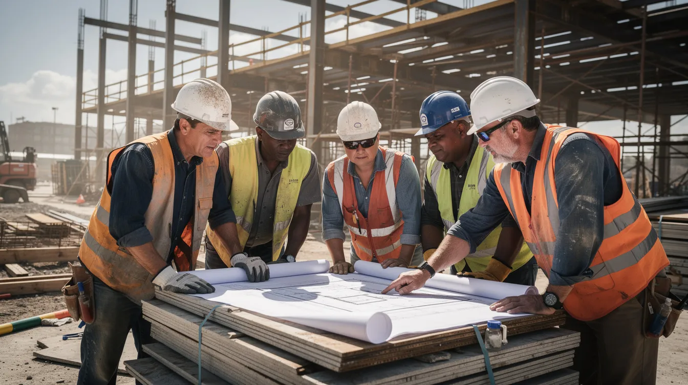 A group of construction workers is gathered at a building site, collaboratively reviewing architectural blueprints, with steel framing visible in the background. This scene highlights the teamwork essential in the construction industry, where effective contract drafting and dispute resolution are vital for successful project completion.