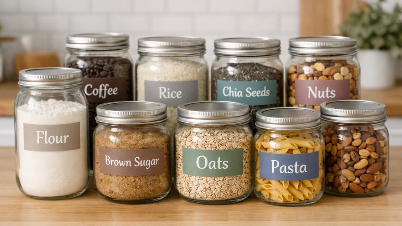 Matte printed vinyl used to label jars in kitchen