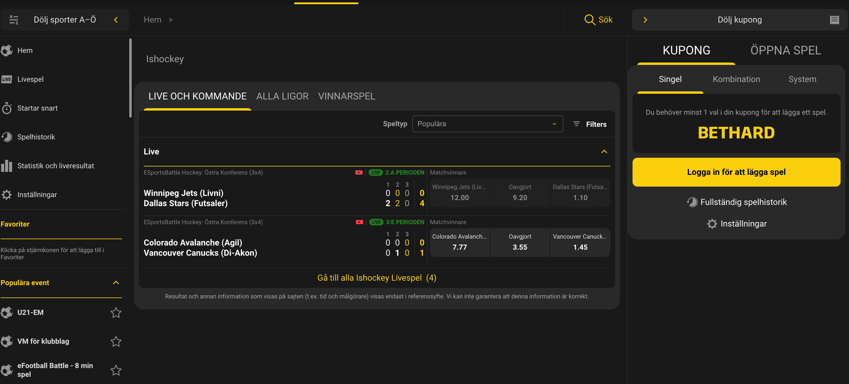 Bethard odds hockey