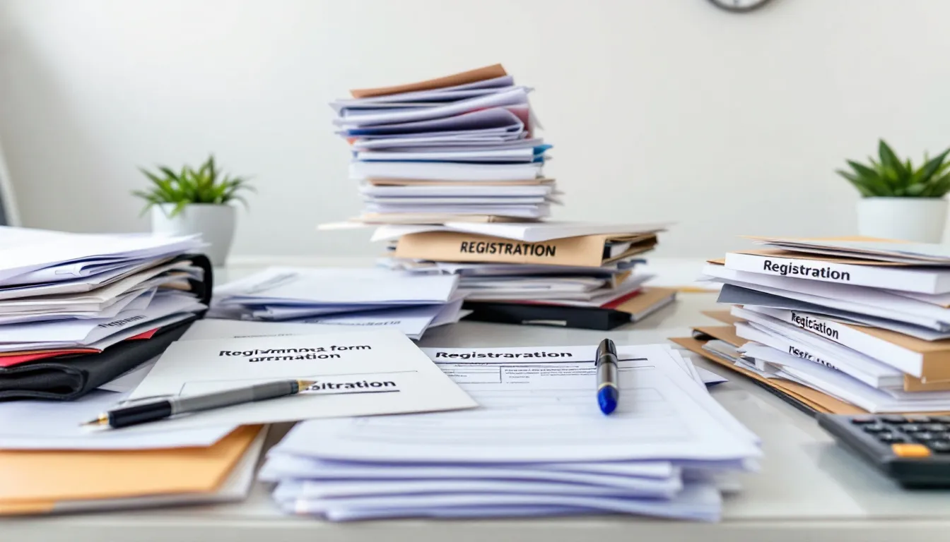 On a desk lie official documents and registration forms related to childminding, such as enrollment forms and quality requirements for caring for children. These papers are essential for childminders who want to care for children according to childcare law and the national childcare register.