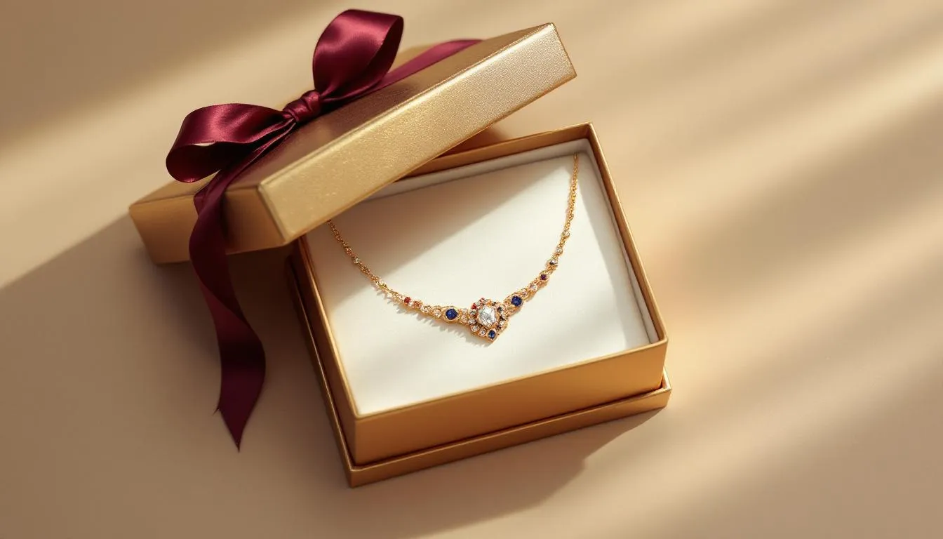 A beautifully wrapped gift box containing a gemstone necklace, perfect for gifting.
