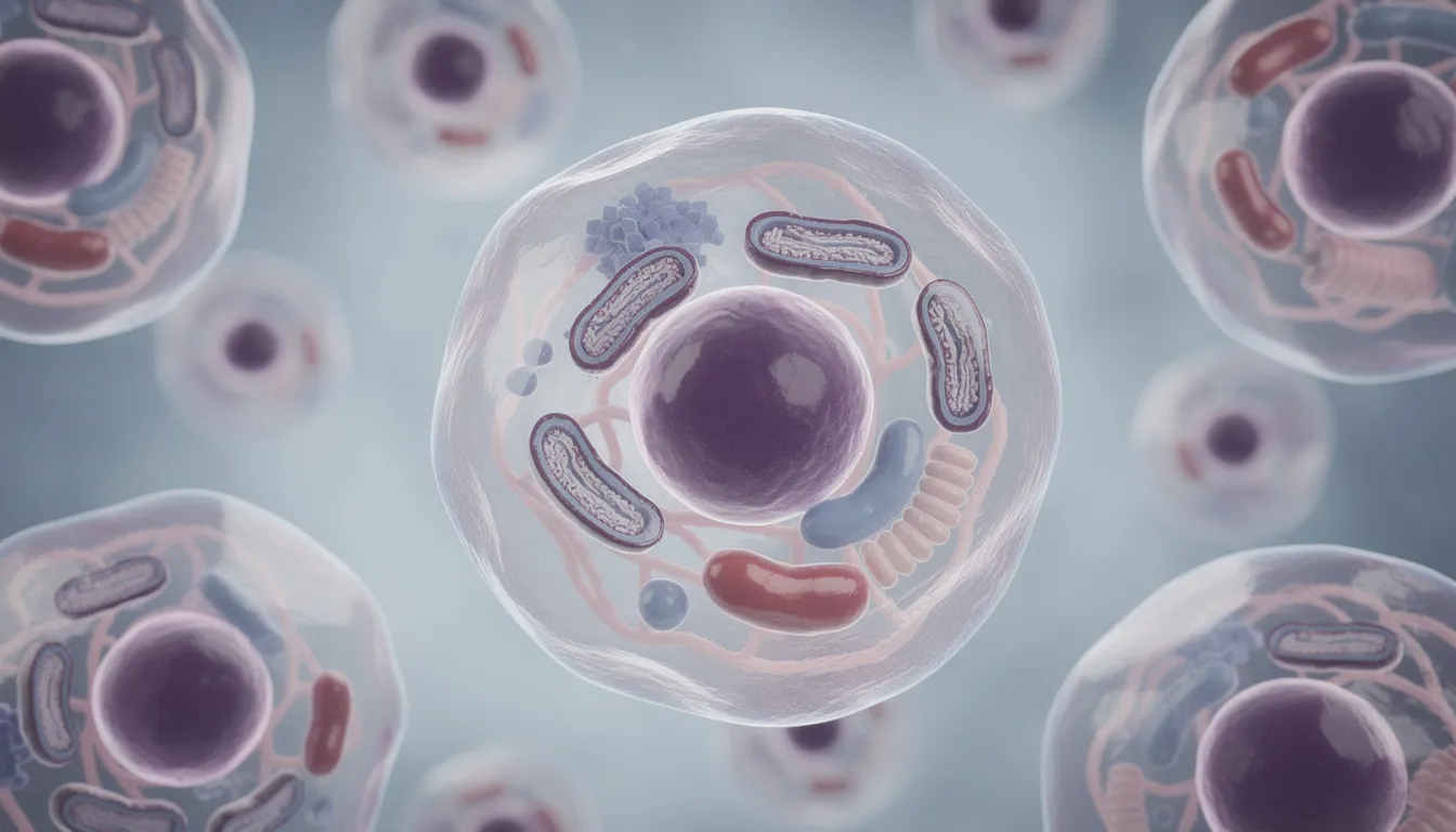 This image presents a magnified view of healthy human cells, showcasing their internal structures and mitochondria, which are essential for energy production and maintaining cellular health. The depiction highlights the importance of NAD (nicotinamide adenine dinucleotide) levels in supporting overall health and healthy aging.