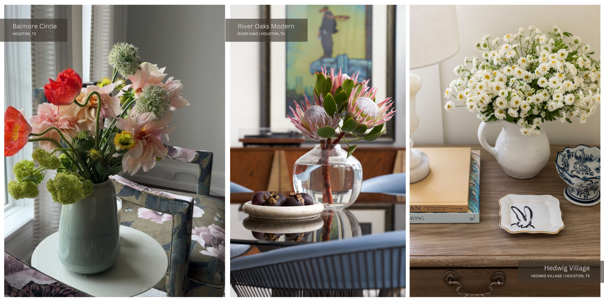Various floral arrangements from Balmore, River Oaks Modern, and Hedwig Village.