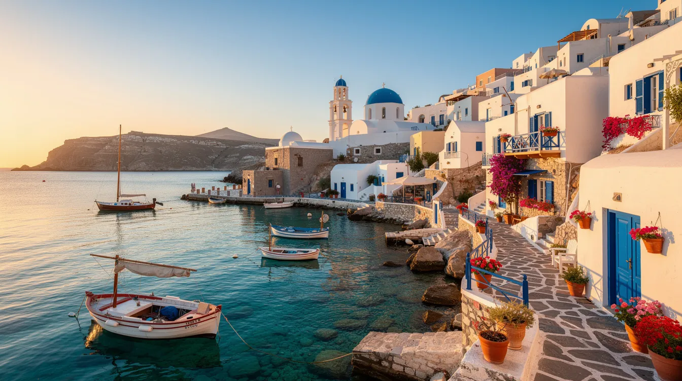 The image depicts a picturesque harbor on a Greek island, featuring charming white buildings and iconic blue-domed churches set against the backdrop of calm turquoise waters. This serene scene is a popular destination for tourists visiting Greece, where they may encounter various tourism taxes, including the new tourist tax in Greece applicable to accommodations.