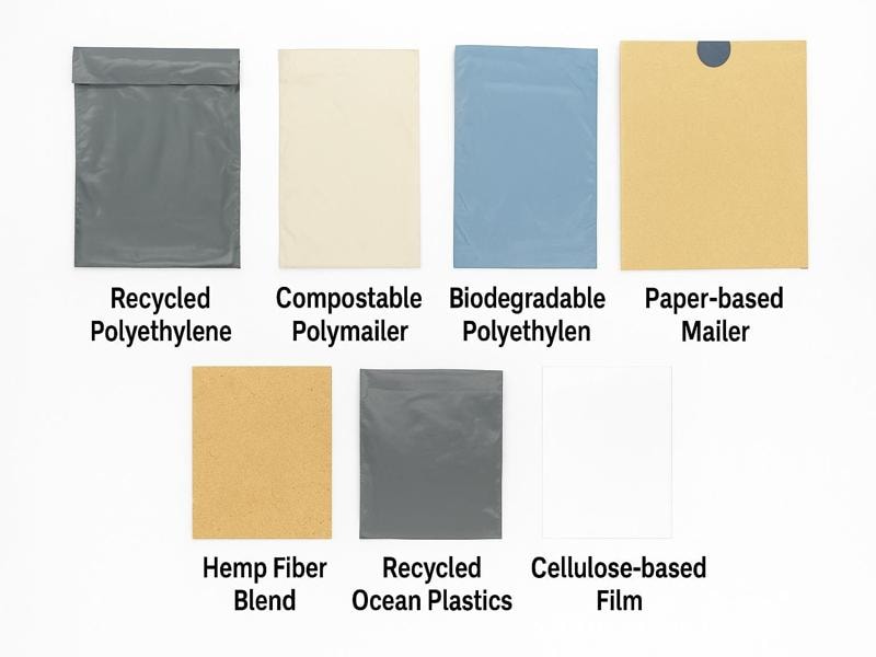 A picture of seven eco-friendly packaging materials displayed on a white background. The top row shows, from left to right: a gray recycled polyethylene polymailer, a cream-colored compostable polymailer, a blue biodegradable polyethylene polymailer, and a brown kraft paper-based mailer with a circular seal. The bottom row features a textured hemp fiber blend sheet, a gray recycled ocean plastics polymailer, and a transparent cellulose-based film. Each material sample is labeled with bold black text underneath for easy identification.