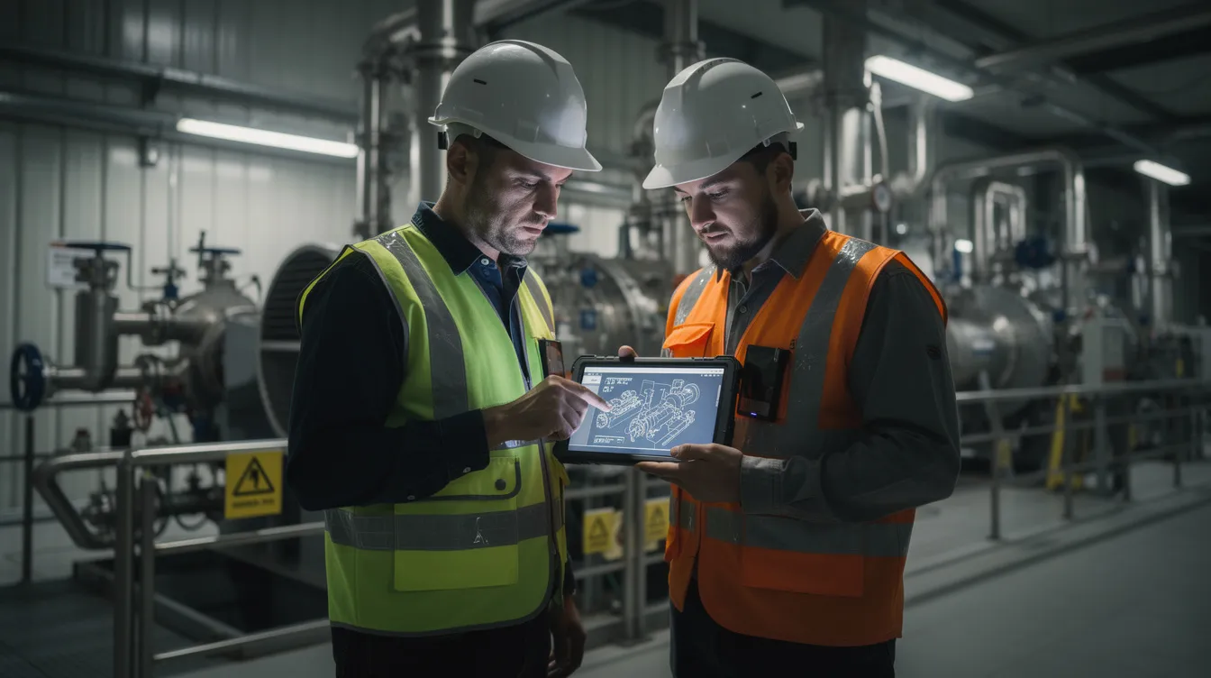 Two maintenance workers in hard hats are collaborating while reviewing a tablet next to large industrial machinery, focusing on optimizing asset performance and enhancing maintenance management processes. Their teamwork highlights the importance of effective asset management in maintaining equipment reliability and operational efficiency.