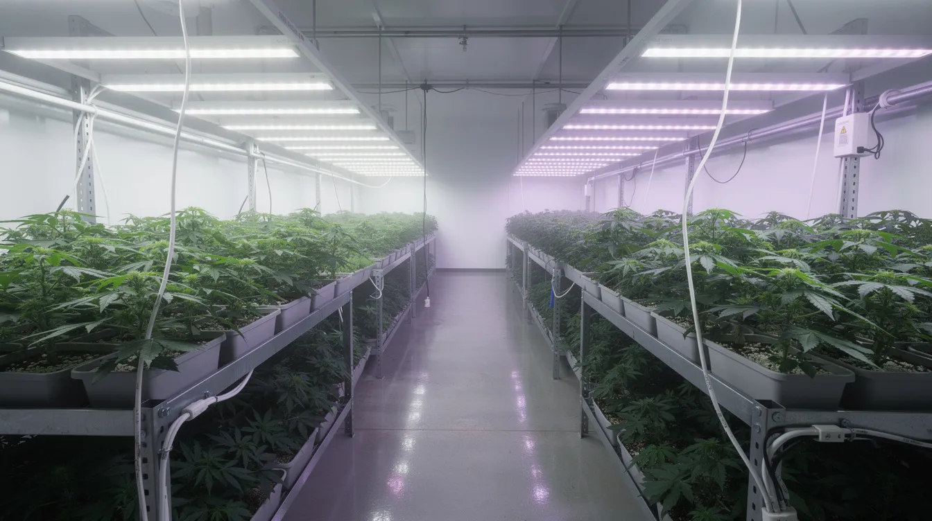 Das Bild zeigt eine moderne Indoor-Anbauanlage mit Reihen von Cannabis-Pflanzen, die unter künstlicher Beleuchtung wachsen. Diese Anbauweise könnte im Kontext der bevorstehenden Legalisierung von Cannabis in Deutschland, die am 1. April 2024 in Kraft tritt, von Bedeutung sein.