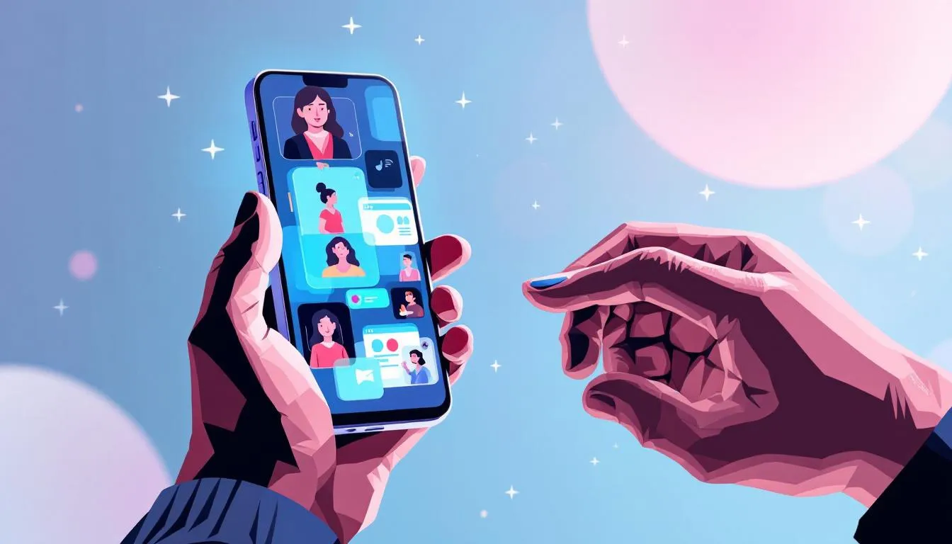 Illustration d'un utilisateur utilisant un smartphone pour la communication et la connectivité.