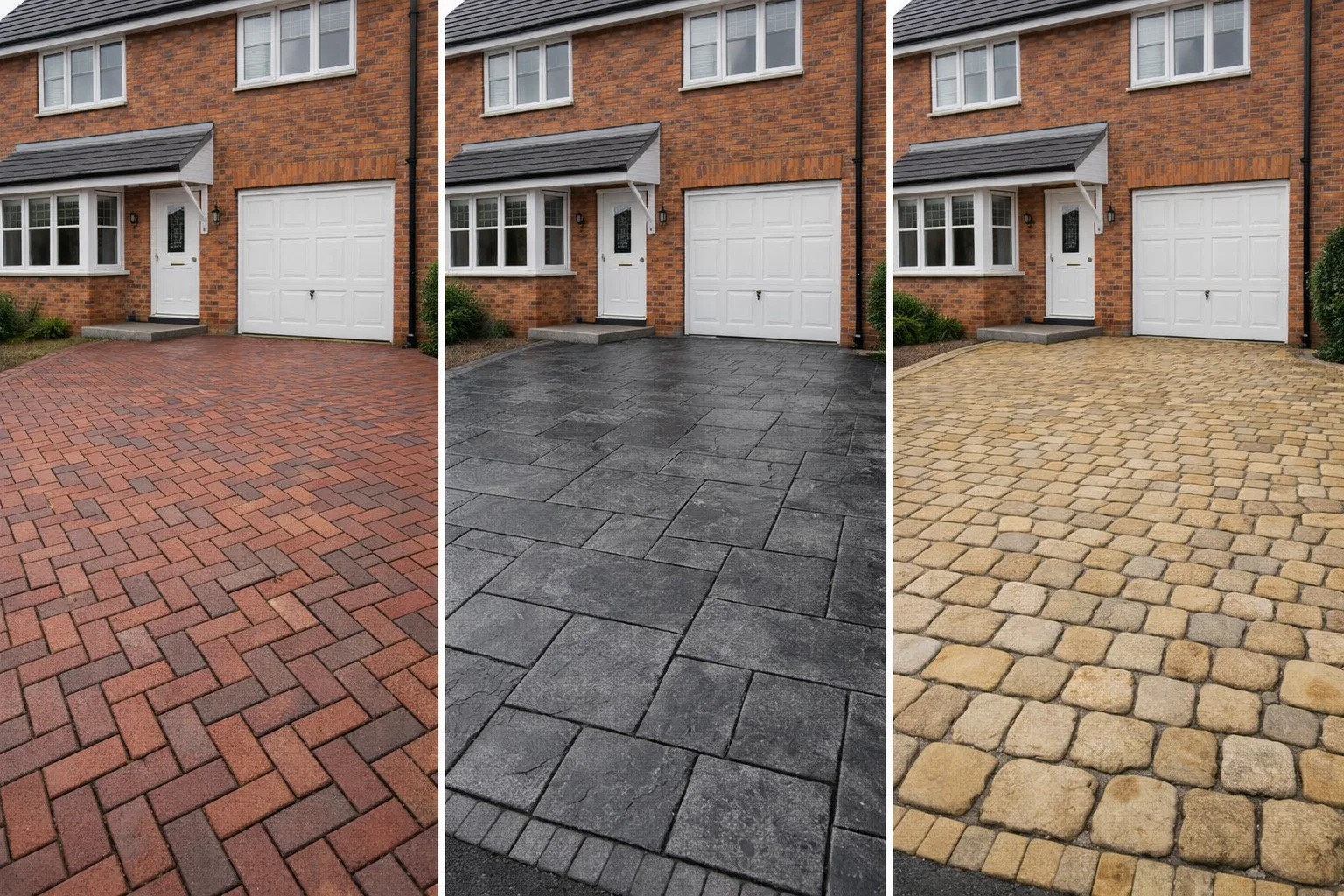 Different pattern imprinted concrete driveway designs including brick, slate and cobblestone styles.