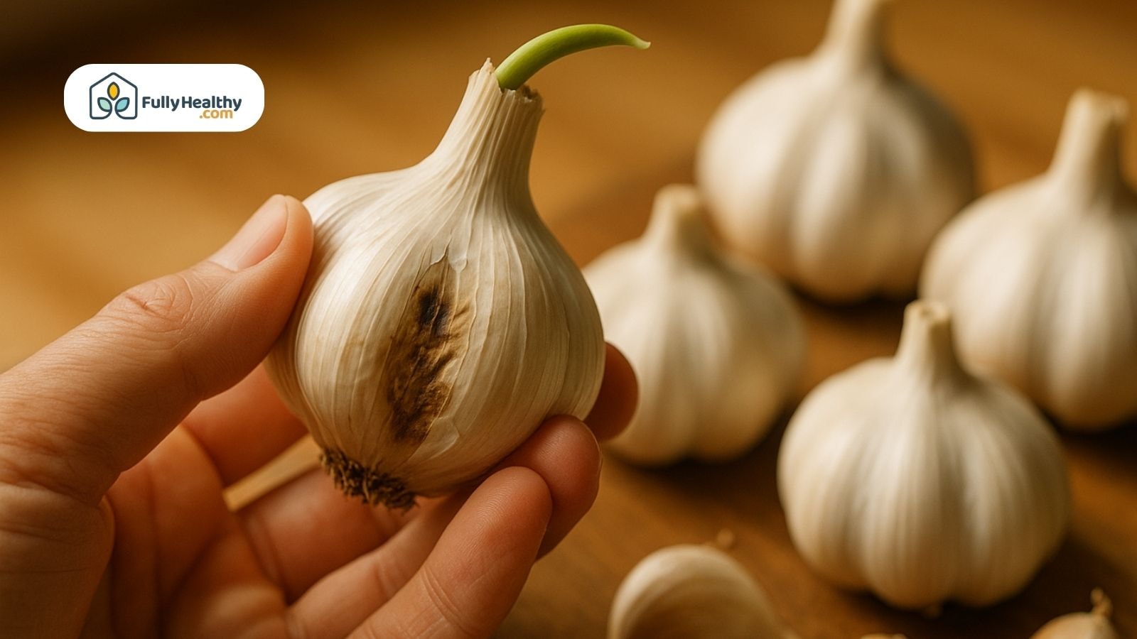 Hand holding a garlic bulb with green sprout and black spots.