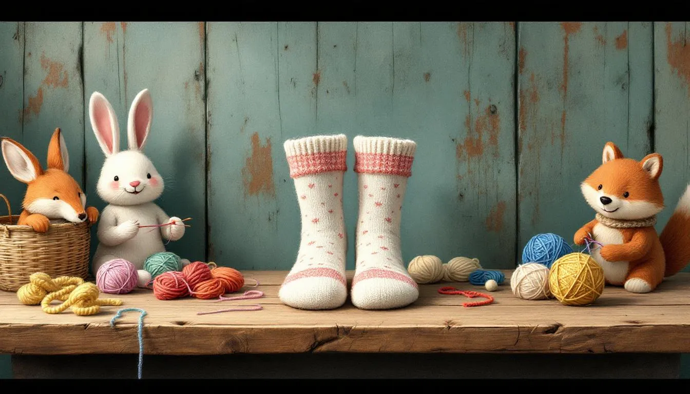 A finished pair of knitted socks made with double pointed needles, displayed on a rustic background.