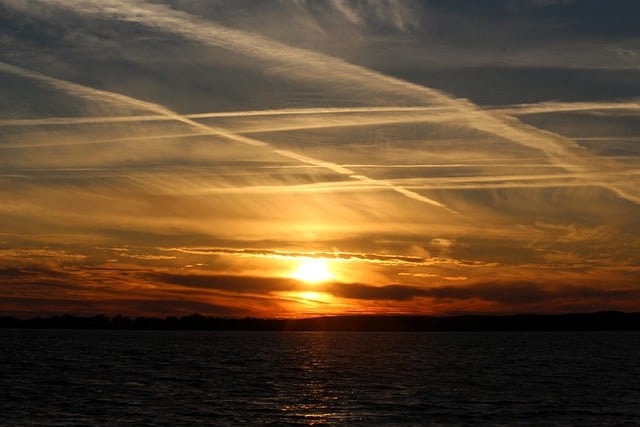 sunset, clouds, chemtrails