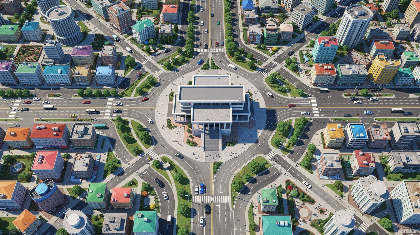 An aerial view of a central building surrounded by multiple vibrant roads and pathways converging from various directions, symbolizing a hub of activity and connectivity. This image reflects the essence of a successful digital marketing strategy, where diverse channels drive traffic toward a central goal.