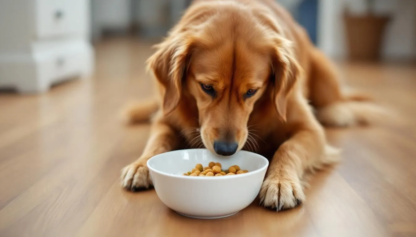A dog is happily eating from a simple bowl filled with limited ingredients, emphasizing a diet suitable for dogs with sensitive stomachs. This scene highlights the importance of quality dog food that supports healthy digestion and is gentle on the dog