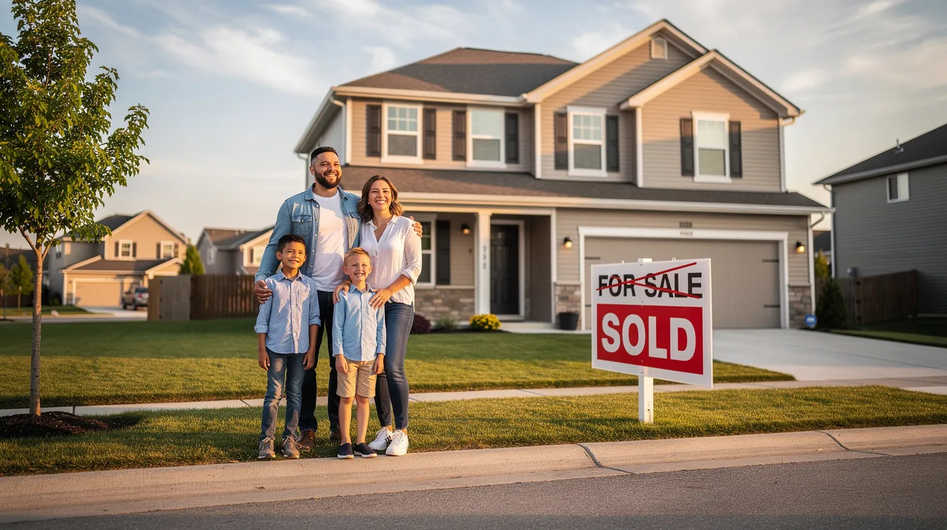 A family stands proudly in front of their suburban house with a "sold" sign, symbolizing their successful homeownership decision. This image reflects the impact of factors like the prime rate and mortgage rates on buying a home, which can influence monthly payments and overall financial stability.