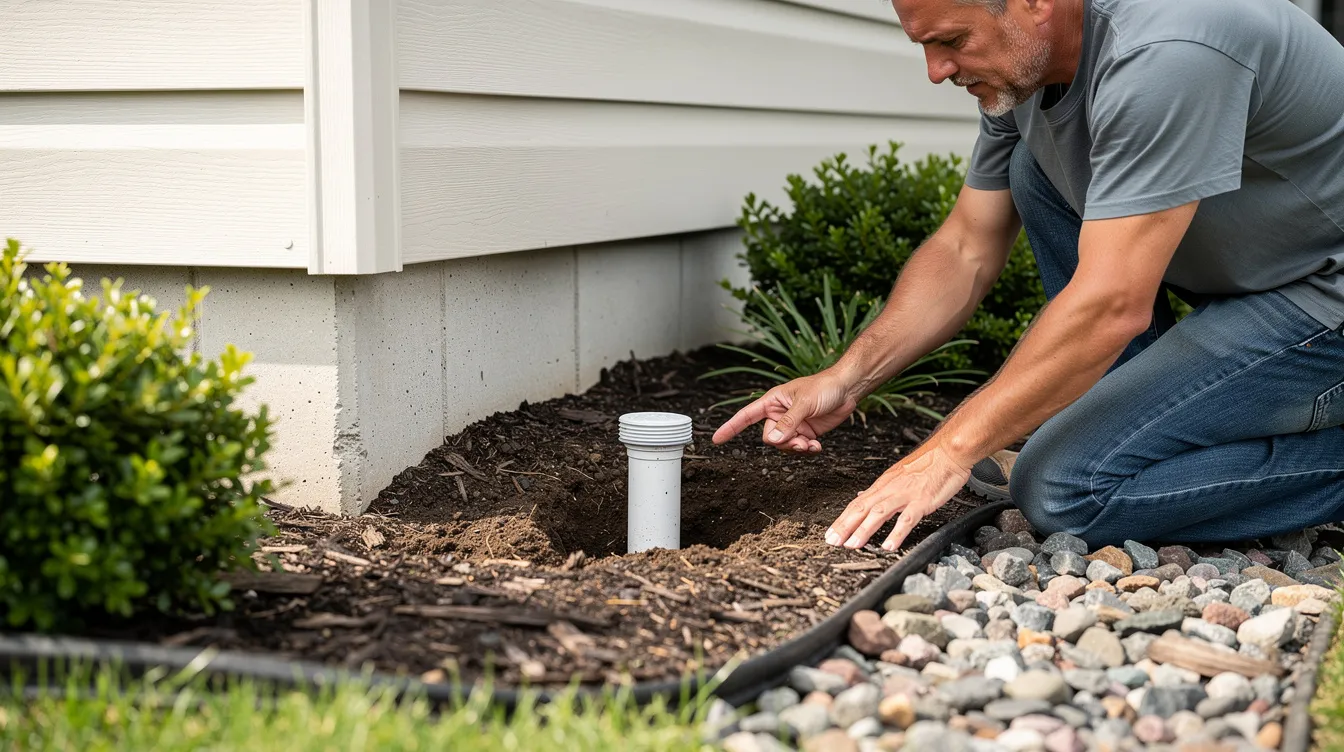 A homeowner is inspecting the landscaping around their house, searching for a capped pipe that provides access to the main sewer line. This capped pipe is typically found near the foundation, serving as a cleanout for the home's plumbing system.