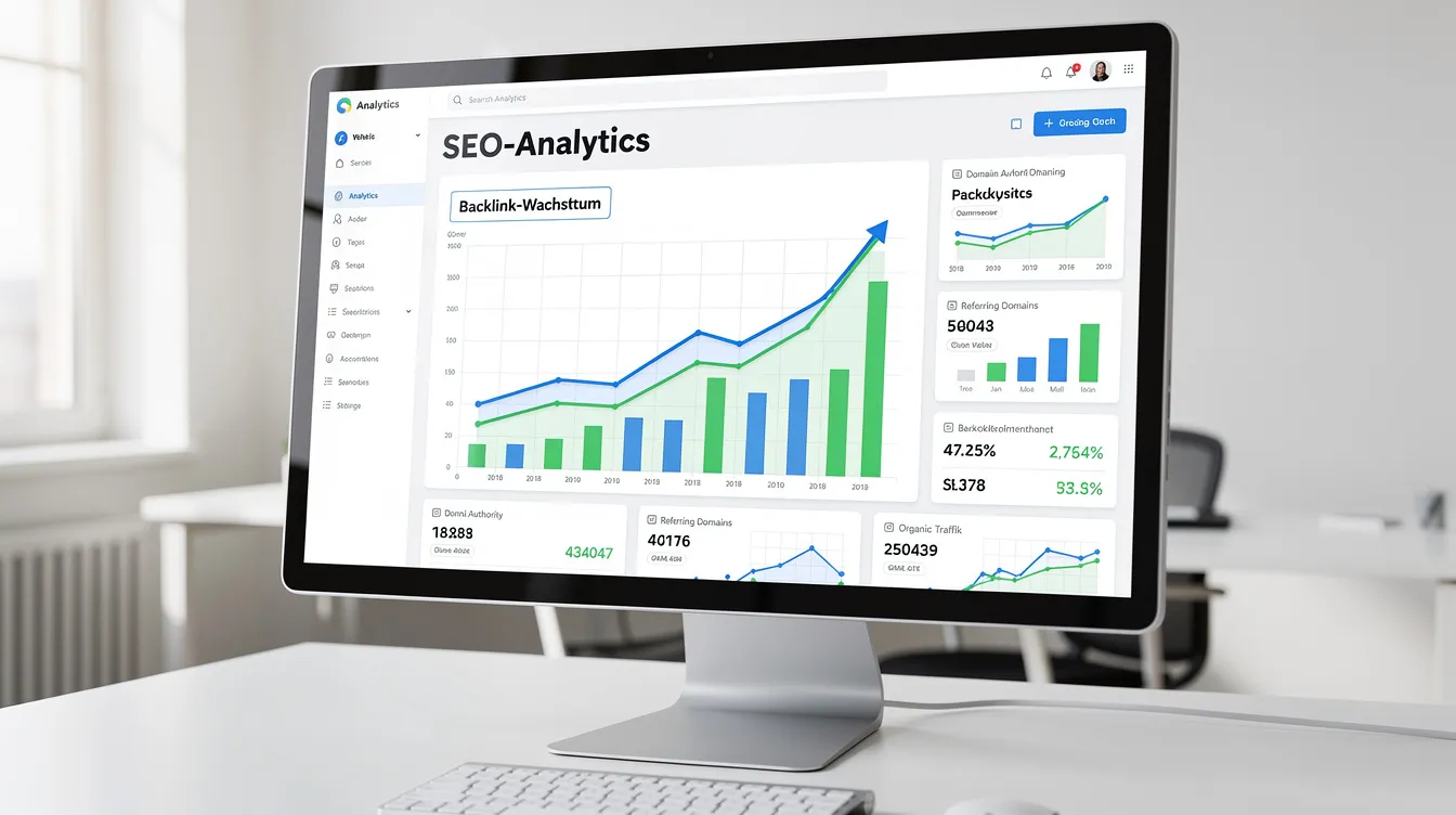 Das Bild zeigt ein SEO-Analytics-Dashboard auf einem Bildschirm, das verschiedene Diagramme zur Darstellung des Backlink-Wachstums einer Webseite anzeigt. Die Daten visualisieren wichtige Faktoren wie die Anzahl der qualitativ hochwertigen Backlinks und deren Einfluss auf die Online-Sichtbarkeit und das Ranking in Suchmaschinen.