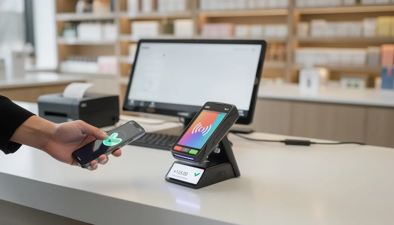 The image shows a professional payment terminal setup in a modern retail store, highlighting contactless payment capabilities that allow customers to pay securely and efficiently. This setup represents a broad range of payment solutions, enhancing the shopping experience for customers while supporting merchants in managing their sales and revenue.