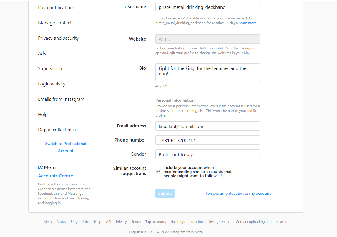 instagram account settings