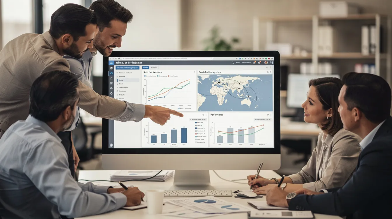 A team discusses around a screen showing a logistics dashboard.