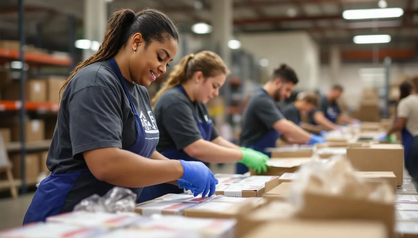 A group of real estate professionals, wearing branded shirts, are actively volunteering at a food distribution center in Lee County, sorting and packaging holiday meals for families in need. This community effort highlights the spirit of giving during the holidays, as these individuals work together to support their neighbors.