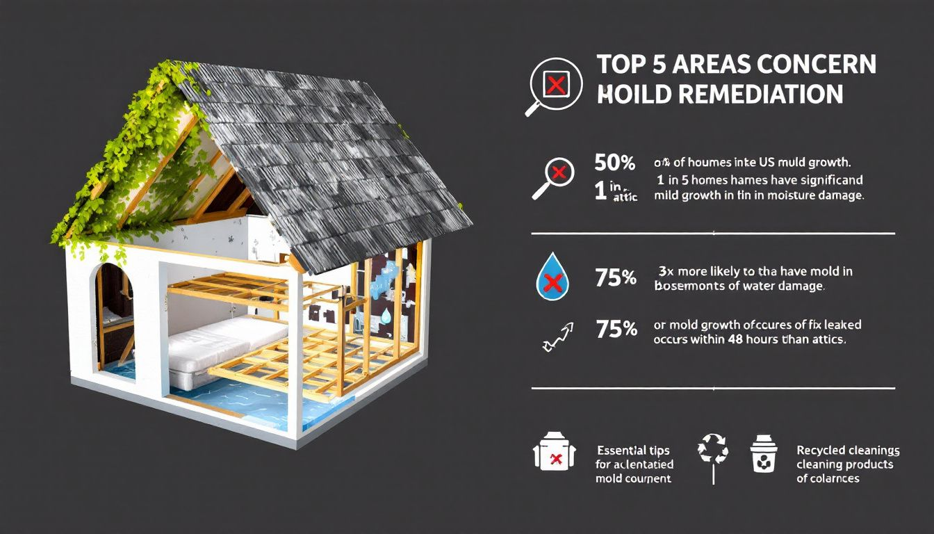 Mold remediation processes in specific areas like attics and basements.