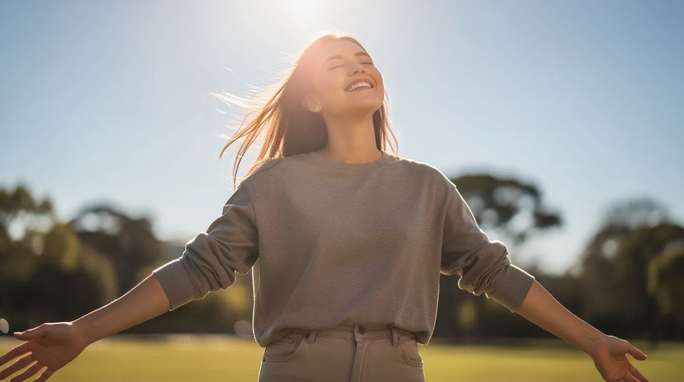 A woman stands outside with her face turned toward the sun, smiling and radiating a sense of freedom and joy. This image captures a moment of emotional well-being, emphasizing the importance of self-love and breaking free from unhealthy relationships.