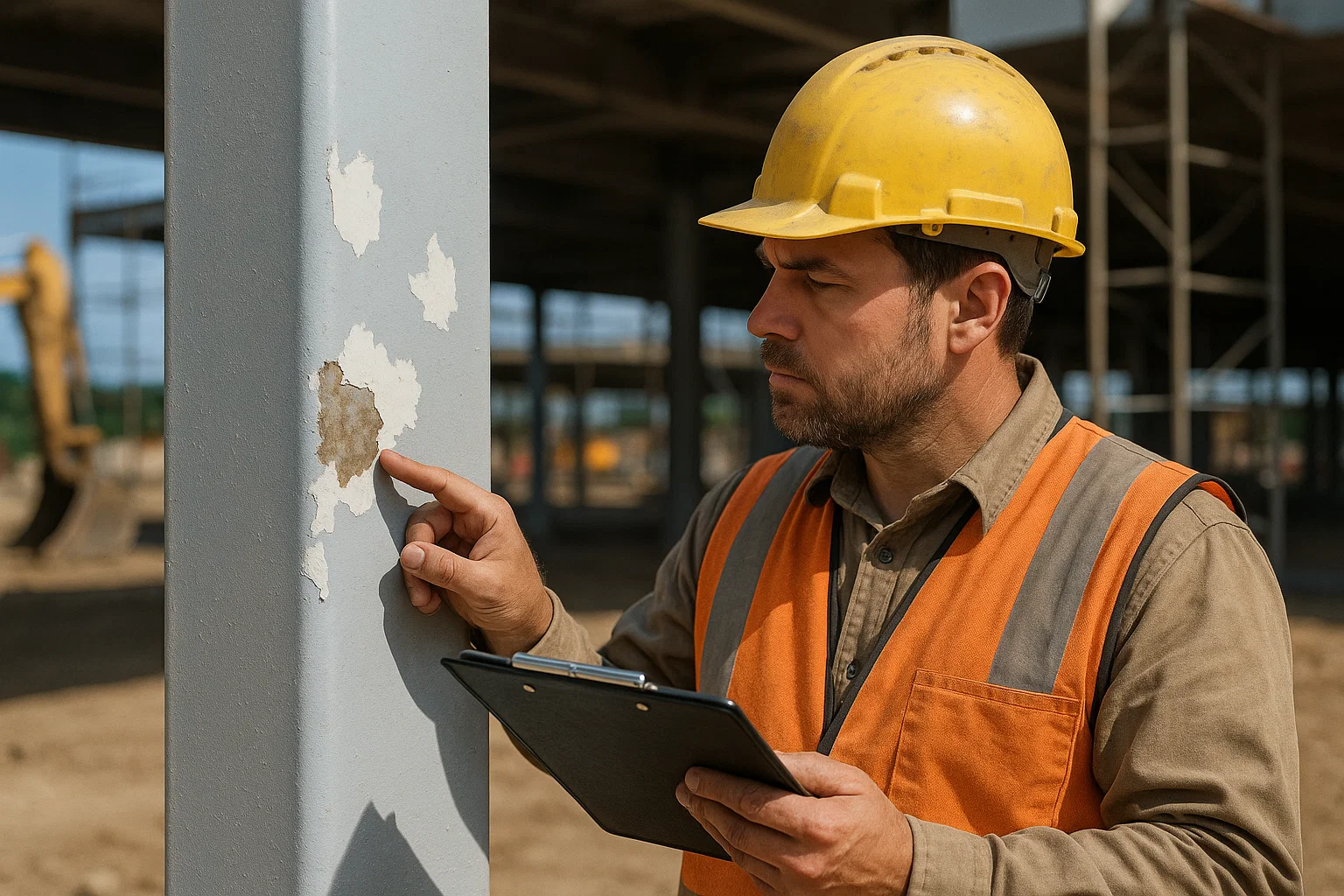 Contractor inspecting intumescent paint coating on steelwork at a building site.