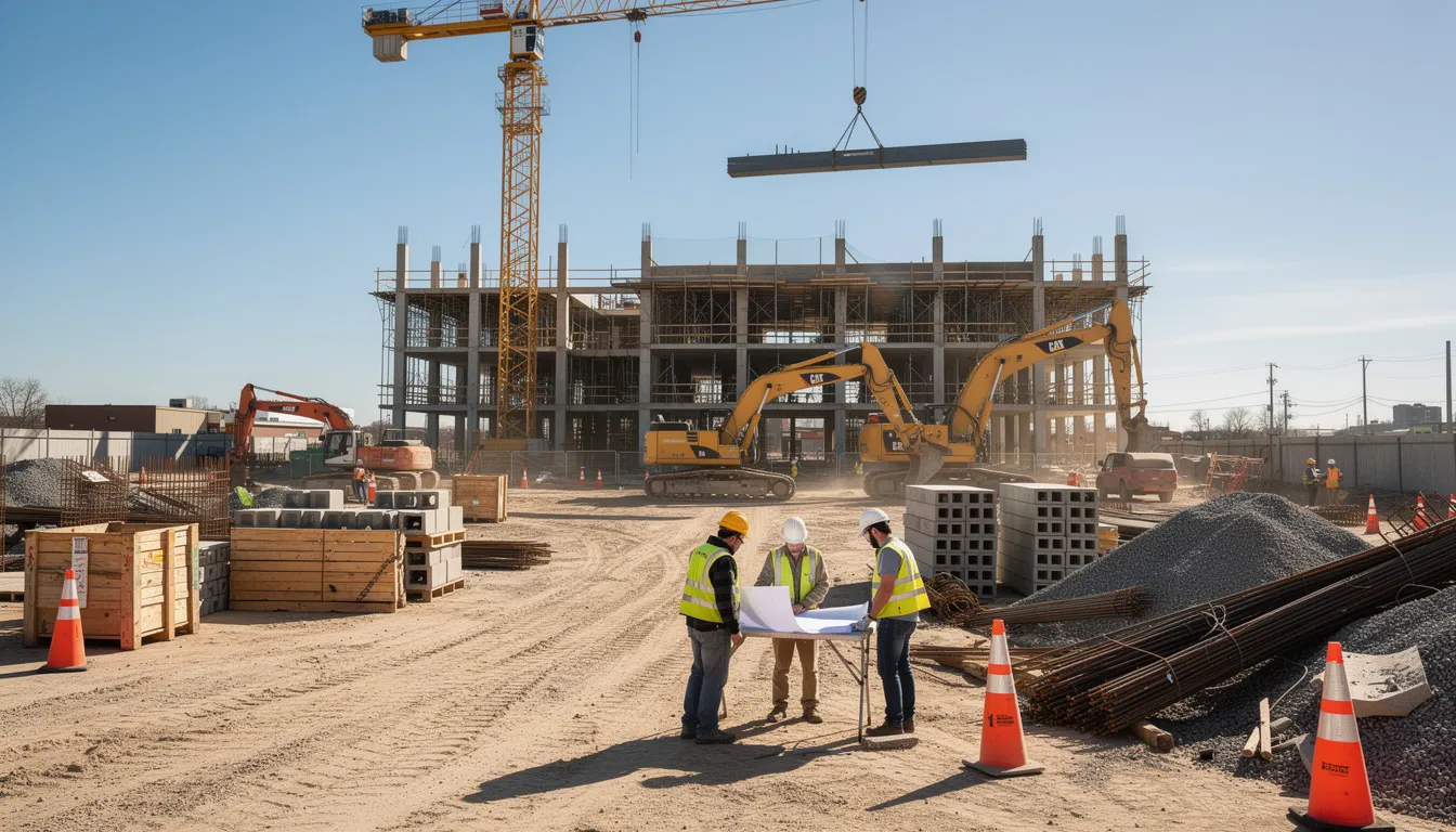 The image depicts a busy construction site with workers engaged in various tasks, surrounded by heavy equipment and building materials. This scene highlights the importance of workers compensation benefits for injured workers and the need to carry workers compensation insurance to protect employees in case of job-related injuries.