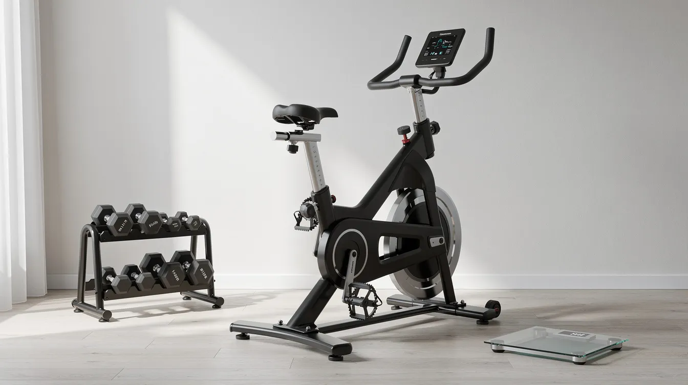 A small home gym corner features a stationary bike, a set of dumbbells, and a digital scale on the floor, creating an ideal space for effective weight loss workouts and muscle toning. This fitness equipment setup supports various fitness goals, including burning calories and building muscle mass.
