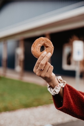 Woman holding up one of the best apple cider donuts in America