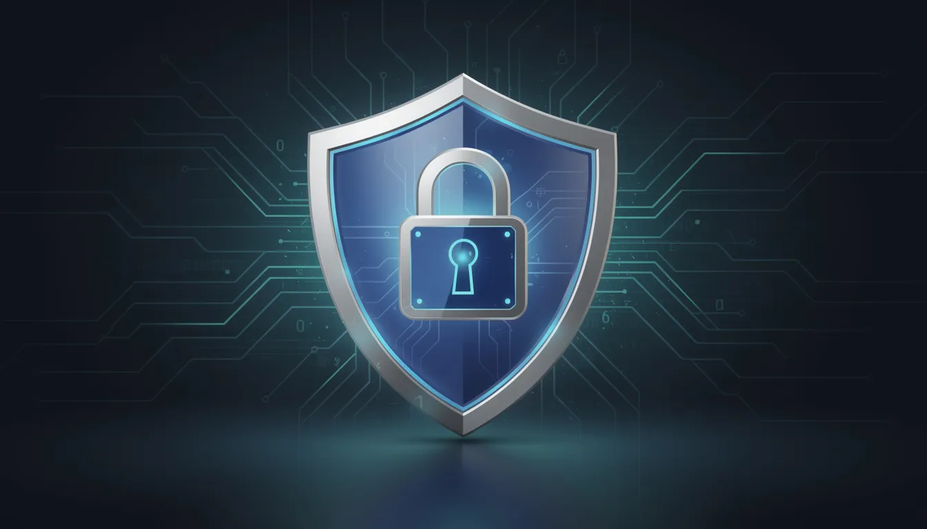 The image features a digital security shield prominently displaying a lock symbol, representing online safety and protection for devices such as browsers, phones, and emails. The shield conveys a sense of security in the digital landscape.