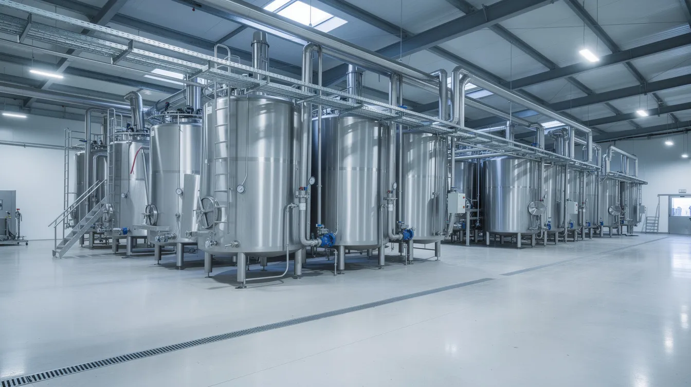 The image depicts the interior of a large stainless steel dairy processing facility, showcasing milk storage tanks and extensive piping systems essential for the paneer manufacturing process. This modern plant is designed to support the production capacity and efficiency required in the Indian dairy industry, featuring equipment like paneer press machines and pasteurizing systems.