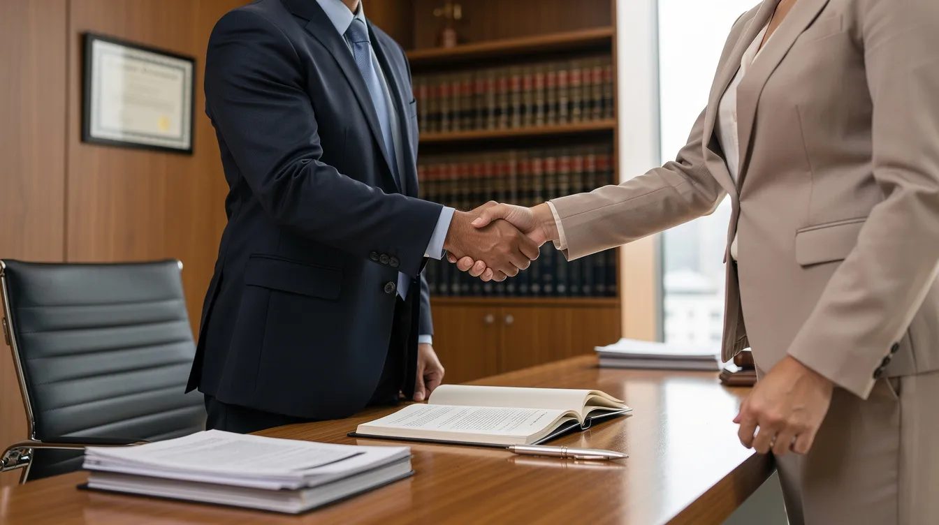 The image depicts a professional handshake between two individuals in a law office, symbolizing a partnership in addressing medical malpractice cases. This setting highlights the importance of legal support for victims of surgical errors and medical negligence.