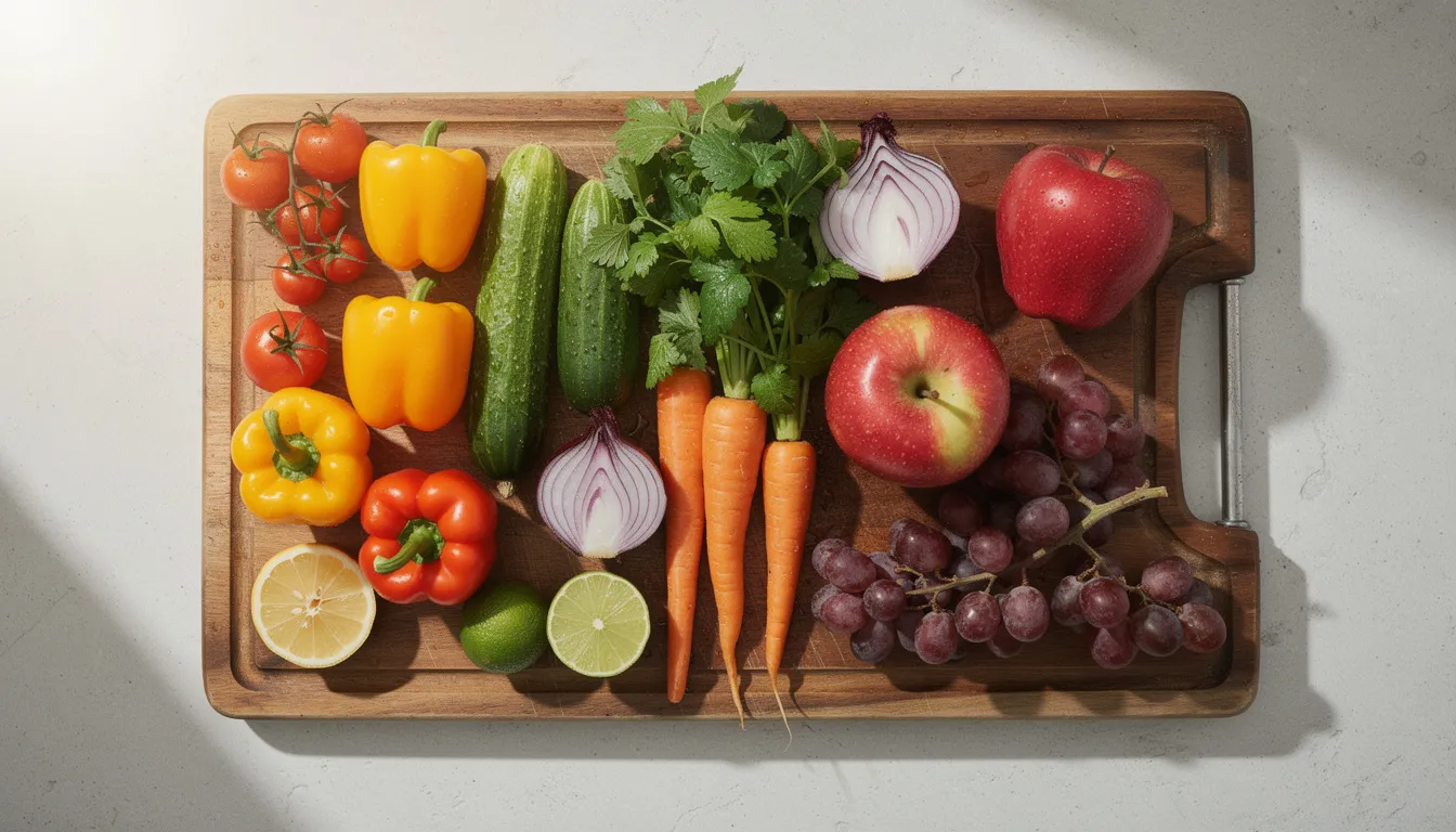 Na drewnianej desce do krojenia ułożone są kolorowe świeże warzywa i owoce, które tworzą apetyczną kompozycję. Tego rodzaju zdrowa dieta może wspierać odpowiednią pielęgnację skóry oraz pomagać w leczeniu trądziku hormonalnego i innych zmian skórnych.