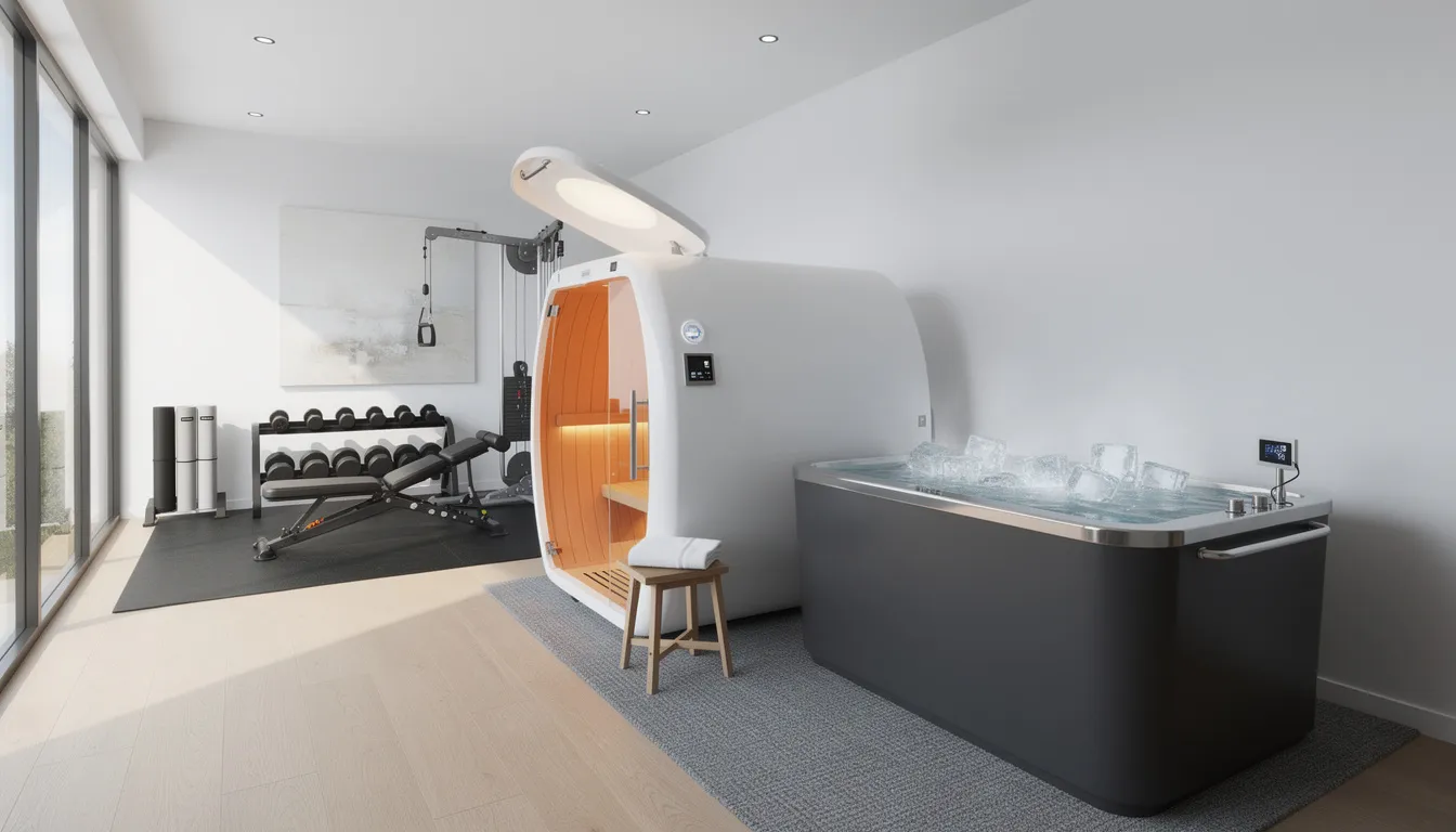 The image depicts a modern home gym featuring an infrared sauna pod and a cold plunge tub positioned side by side, creating an ideal space for relaxation and heat therapy. This setup allows for a comprehensive sauna experience, promoting cardiovascular health and stress reduction.