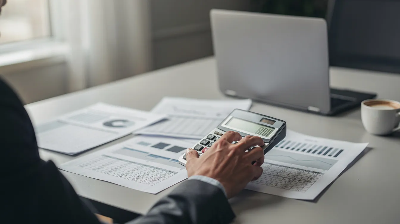 438ea3d2 b700 402e be62 e860653c83d7 The image shows a person focused on a calculator while reviewing printed financial documents at a desk, indicating they are preparing a well-structured project report for a business loan. The materials on the desk likely include financial statements and projections relevant to their business idea and loan process.