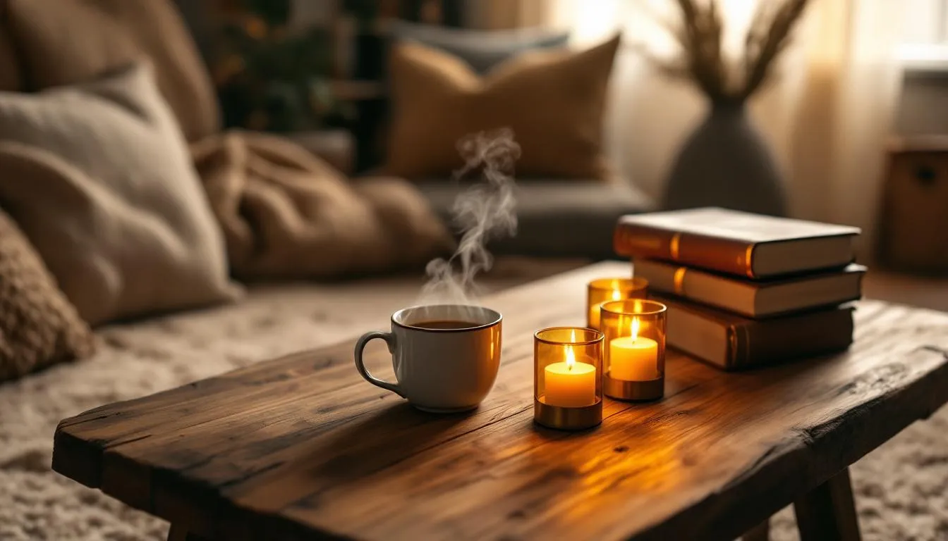 Na obrazku widzimy przytulny kącik z zapalonymi świecami, filiżanką herbaty oraz otwartą książką, co tworzy niepowtarzalną atmosferę relaksu. To idealny pomysł na prezent dla żony, który z pewnością wywoła uśmiech i pozwoli jej cieszyć się chwilą w domowym zaciszu, szczególnie w okresie świątecznym.