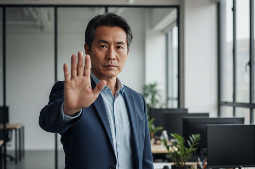 A middle-aged man in a blue blazer and light blue shirt holding up his palm in a firm "stop" gesture in a modern office